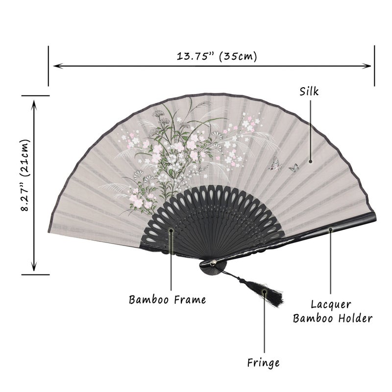 OMyTeaÂ® "Grassflowers 8.27"(21cm) Hand Held Folding Fans - With a Fabric Sleeve for Protection for Gifts - Chinese/Japanese Vintage Retro Style (Gray) - Image 2
